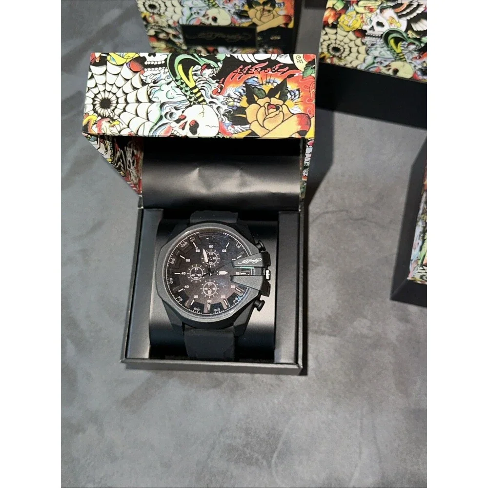 Ed Hardy New In Box Watch Black Matte Silicone Strap Sunray Dial